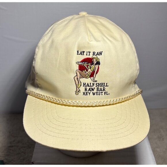 Vintage Half Shell Raw Bar Key West FL Cap W/ Chain Strap Adjustable Eat It Raw - Picture 3 of 9